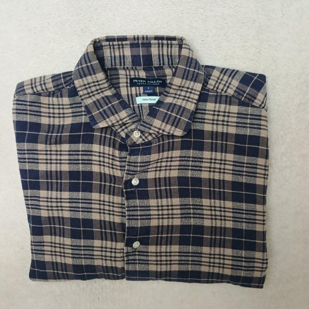 Peter Millar Shirt Mens L Blue Plaid Button-Up Italian Flannel Crown Crafted